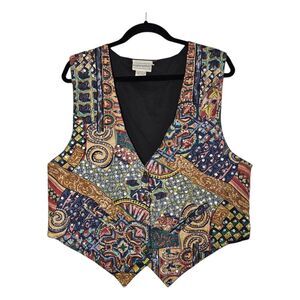 Vintage Large 90s Embellished Sequin Patchwork Vest Paisley Artsy Boho Glam OOAC
